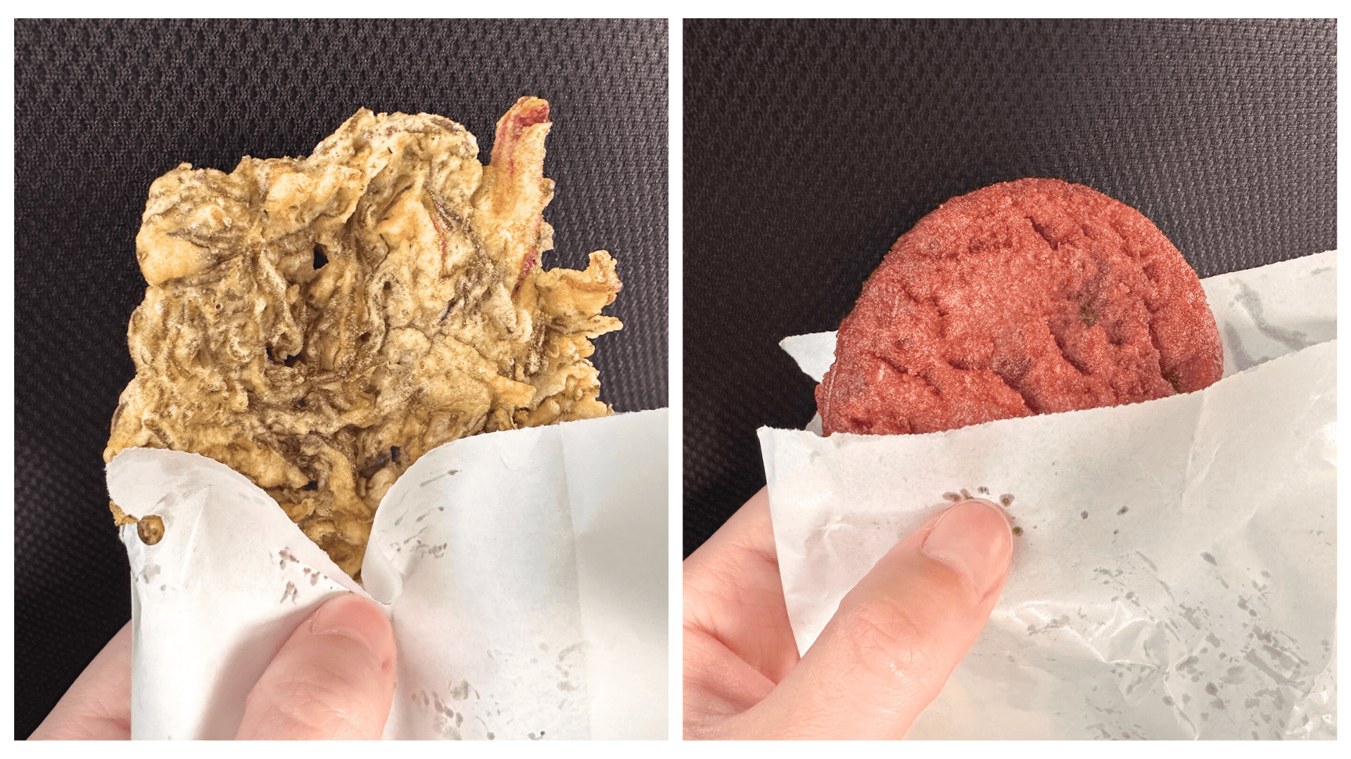 水雲天婦羅（左）、紅芋天婦羅（右）